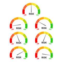 Risk meter icon set. Scale Low, Medium or High risk on speedometer. Risk concept on speedometer. Set of gauges from low to high. Minimum to Maximum. Vector illustration