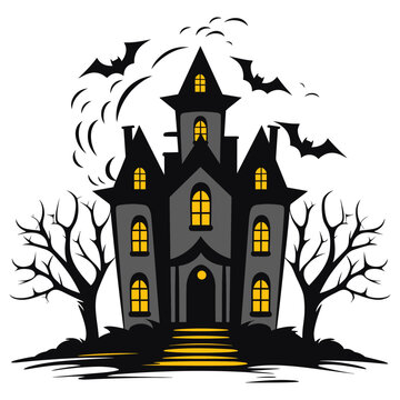 spooky haunted house with bats and trees clip art preview