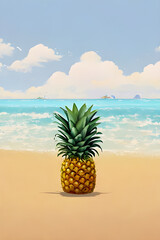 Tropical Coastal Bliss And Fruit: Vibrant Illustration of a Pineapple on a Summer Beach Animation Style Background Generative Ai