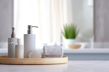 Empty Table Top in Bathroom with Blurred Background and Copy Space for Product
