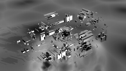 black and white rendering of scattered 3D pieces, revealing intricate details. Perfect for diverse design projects.