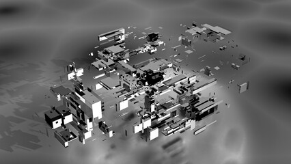 black and white rendering of scattered 3D pieces, revealing intricate details. Perfect for diverse design projects.