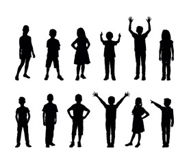 Group of kids standing in row with different poses black silhouette set.