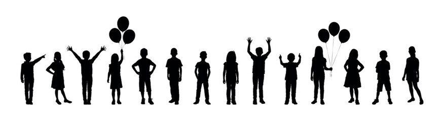 Group of children various poses standing in row vector silhouette set.