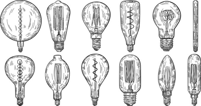 Set of hand drawn light bulb in vintage engraved style. Electric lamp sketch collection. Isolated on white background. Vector illustration