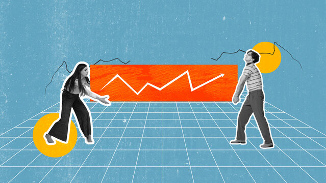 Contemporary art collage. Man and women, employees, colleagues carrying analytics graph, working on successful strategy