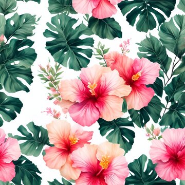 Watercolor Tropical flower plant background seamless patterns generative ai © gmm2000