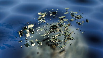 Rendering of scattered 3D pieces, revealing intricate details, vibrant colors and contrasting elements. Perfect for diverse design projects.