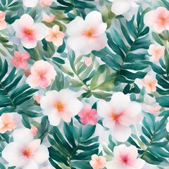 Obraz premium Watercolor Tropical flower plant background seamless patterns generative ai