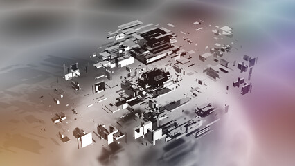 Rendering of scattered 3D pieces, revealing intricate details, vibrant colors and contrasting elements. Perfect for diverse design projects.