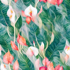 Watercolor Tropical flower plant background seamless patterns generative ai