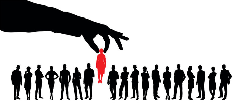 Giant hand picked up a businesswoman from large group of people crowd silhouette. Business recruitment metaphor symbol vector silhouette.