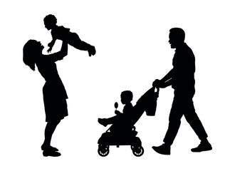 Couple pushing stroller and lifting baby toddler vector silhouette.