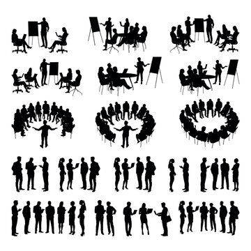 Business people meeting brainstorming vector black silhouettes set collection.