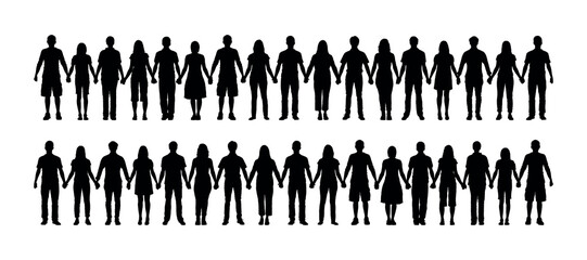 Group people holding hands standing together black silhouettes set collection. People different ages standing together silhouette.