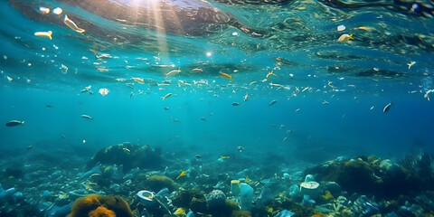Plastic Ocean - An underwater shot of marine wildlife surrounded by plastic waste to raise awareness about ocean pollution. Generative ai