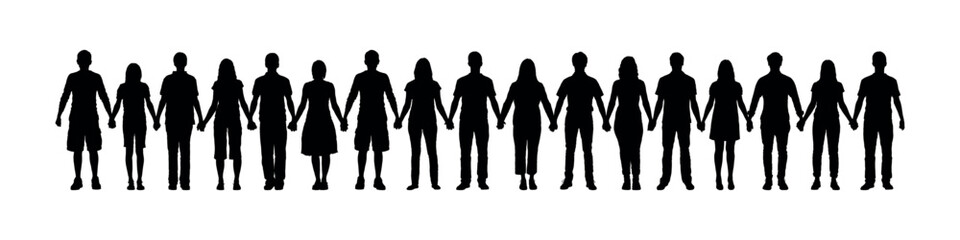 People holding hands together in row vector silhouette set. Young people standing together black silhouette collection.