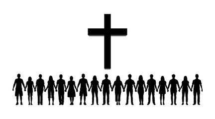 Christians people holding hands standing in row with giant cross vector silhouette set