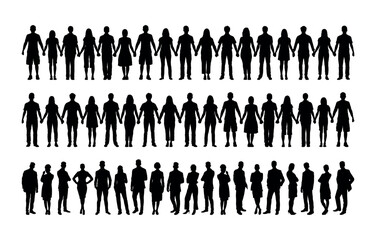 People holding hands together in row vector silhouette set. Group people different ages standing together black silhouette collection.