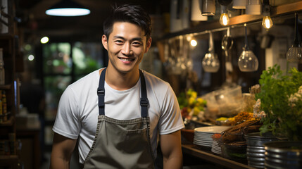 Portrait of asian young male cafe or restaurant owner with smile