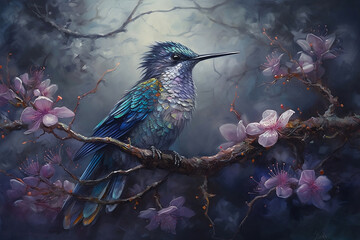 fantasy bird sitting on branches with pink flowers