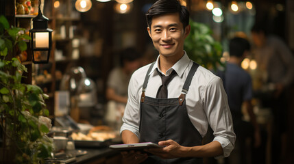 Portrait of asian young male cafe or restaurant owner with tablet