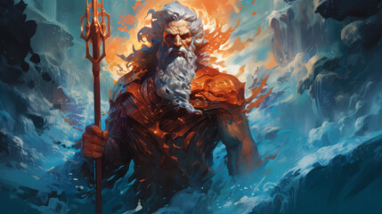 Poseidon God of Sea and Water figure character. Ancient greek god. Mythology. Colorful painting illustration - obrazy, fototapety, plakaty