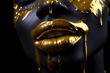  Golden paint drips from the face and lips. Golden drops on girl's mouth. Generative Ai image