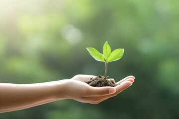 Plant in Hands. Ecology concept. Green nature background. 