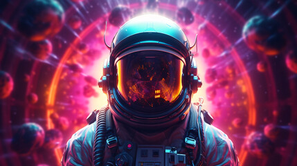 Psychedelic Retro Wave Astronaut in Neon Light. Pink Blue Violet Trendy Colors. Front View of a Space Suit. - obrazy, fototapety, plakaty