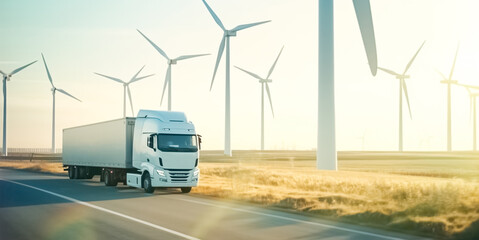 Hydrogen fueled truck on the road driving and wind turbine in background. Renewable or sustainable electricity. Clean alternative ecological energy.
