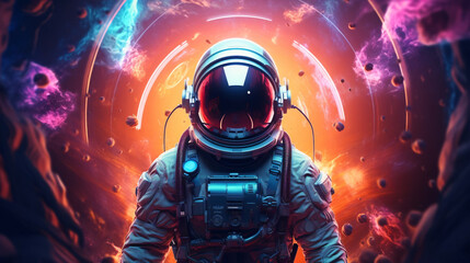 Psychedelic Retro Wave Astronaut in Neon Light. Pink Blue Violet Trendy Colors. Front View of a Space Suit.