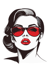 black and white silhouette of woman face with red lips wearing sunglasses,editable,ready to print,design as icon,high quality vector