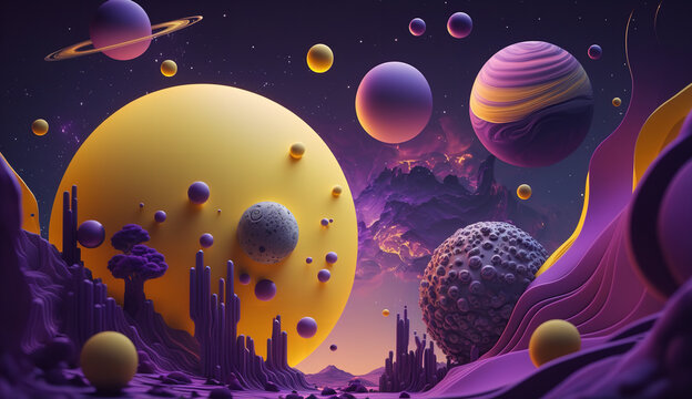purple sky with yellow 3d render stars and planet Generative AI