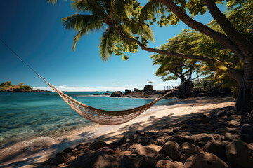 Relaxation in Paradise: Hammock Swinging Between Palm Trees on a Sunny Tropical Beach with Crystal Clear Waters

