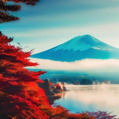 Fototapeta na wymiar Colorful Autumn Season and Mountain Fuji with morning fog and red leaves at lake Kawaguchiko is one of the best places in Japan
