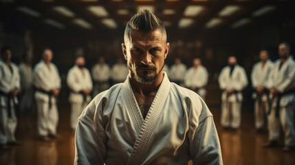 Obraz premium Dynamic Dojo Ambiance. Karate Practitioners Training with an Engaging Background. AI Generative