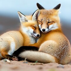 Wild baby red foxes cuddling at the beach, Nova Scotia, Canada