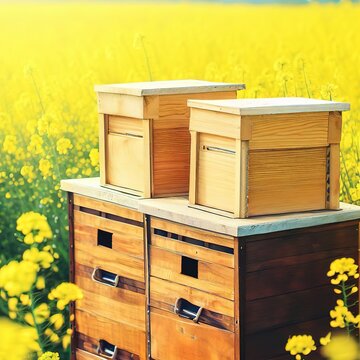 Wooden apiary crates or beehive boxes for beekeeping and honey collecting in blooming canola field
