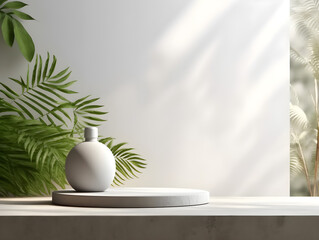 3D Empty modern, minimal counter, table top in dappled sunlight and foliage leaf shadow on the white wall in the background for luxury beauty, cosmetic product display backdrop - Generative AI