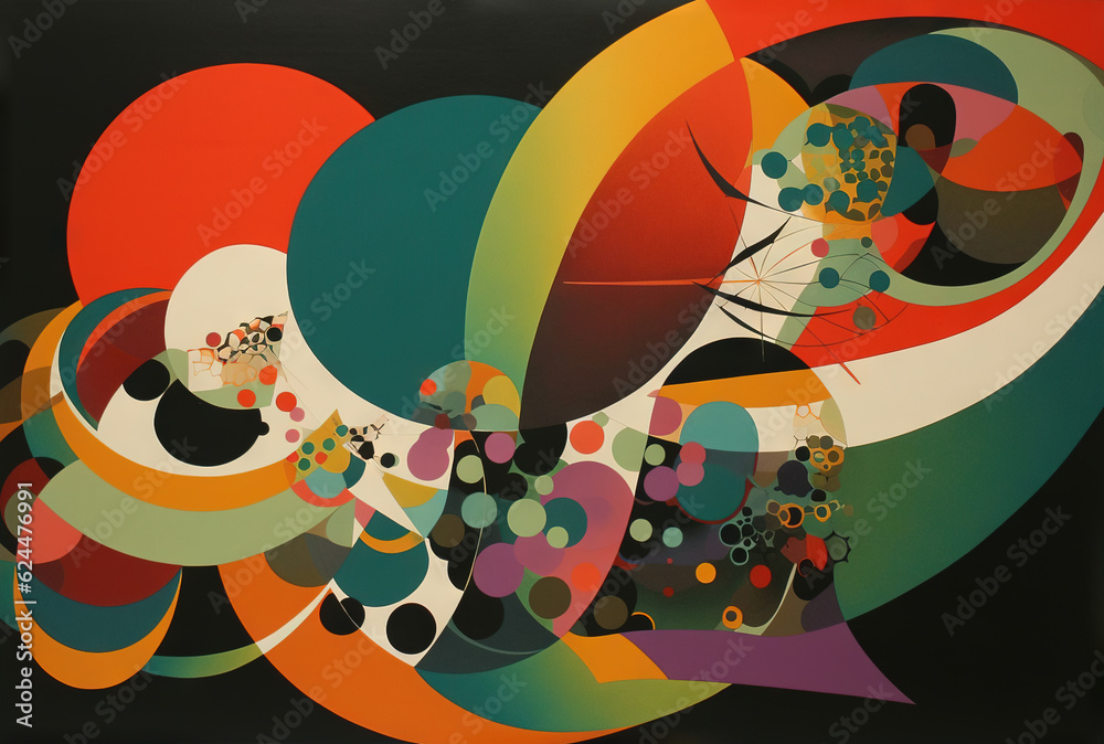 Poster Abstract background in the style of expressionism, modern and Bauhaus. Artistic abstraction with colorful circles and lines. Generative AI.