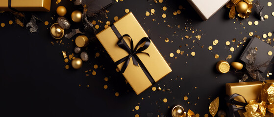  Happy Holidays composition.Luxury black greeting background with gift boxes, sparkles, golden confetti. Flat lay. Top view. cover for social networks, shopping mockup.Generative Ai
