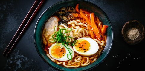Miso Ramen Asian noodles with boiled eggs, pork, carrot, and pak choi cabbage in bowl on dark background. Japanese cuisine. Top view. Banner. Generative AI.