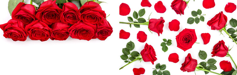 beautiful red rose with leaves isolated on white background with copy space for your text. Top view. Flat lay pattern