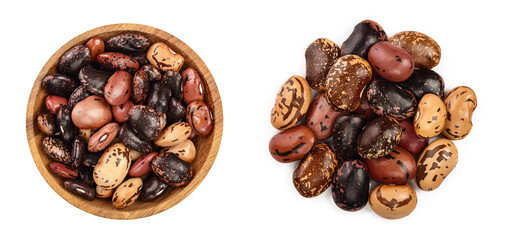 variegated kidney bean in wooden bowl isolated on white background. Top view. Flat lay