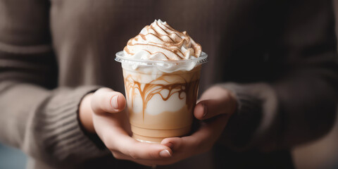 A sweet coffee raff cappuccino drink with whipped cream on top. Plastic transparent glass with a takeaway coffee close-up in hand.