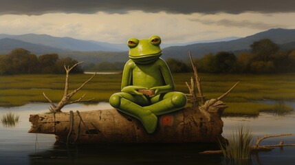 Frog sitting on a pond. Grenouille zen. generative ai