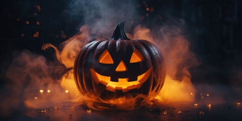 Fototapeta premium Halloween concept - pumpkin with a scary luminous face in smoke and neon light background, dark, Copy space, generative ai