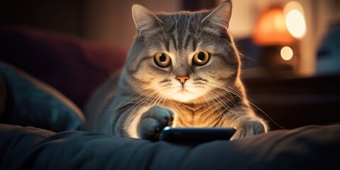 Modern cat playing holding smartphone sitting on a sofa at home, Funny animals, generative ai