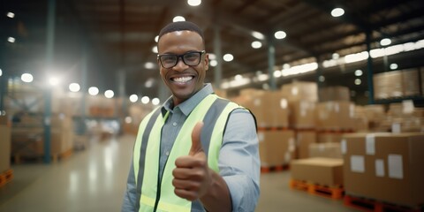 Happy Young male african american engineer wearing safety workwear standing in the factory and thumbs up to appreciate the success of the teamwork. safety first in the industrial plant, generative ai